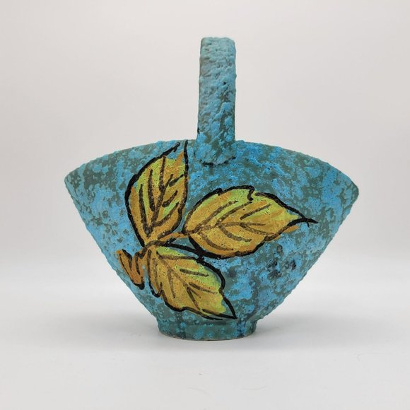 Vintage MCM Italian Pottery Basket Blue Lava Glaze With Yellow Leaf 8" Hand Pain - Picture 3 of 13